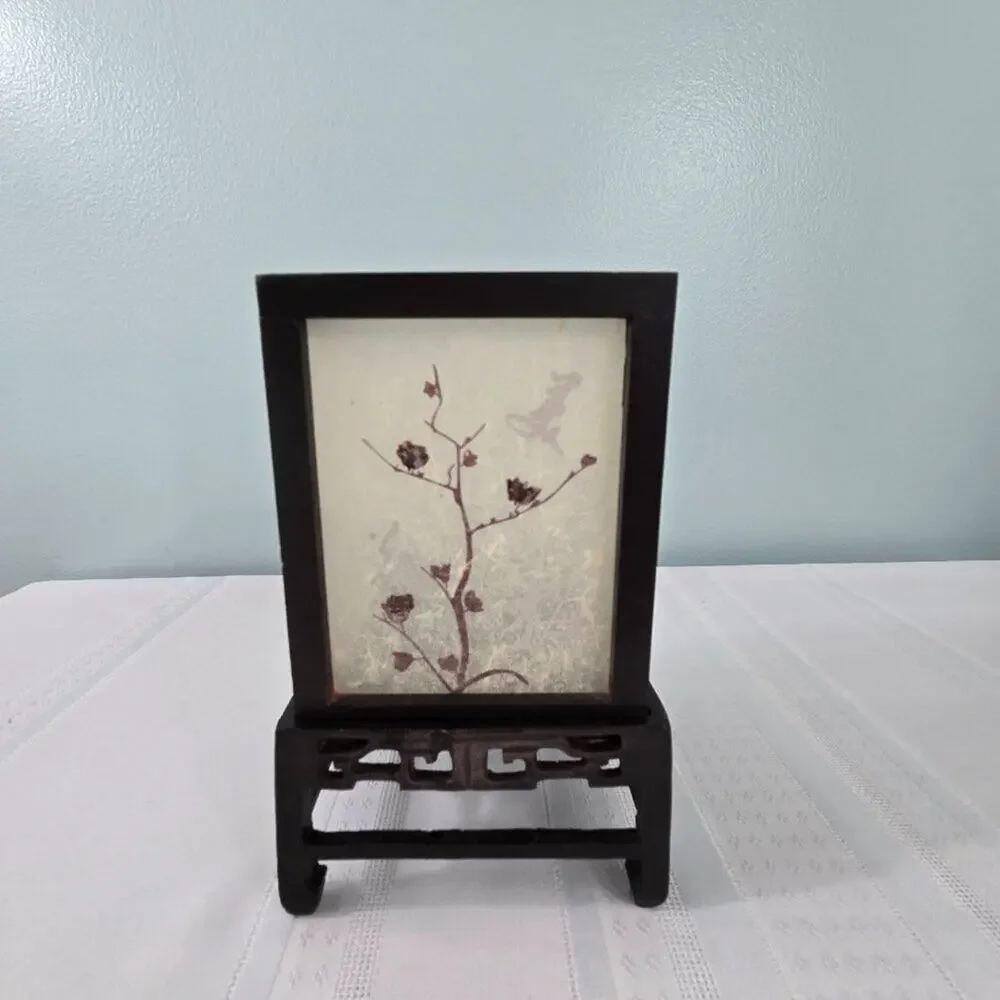 Wooden Frame Tea Candle Holder Frosted Sides Oriental Cherry Blossom Print